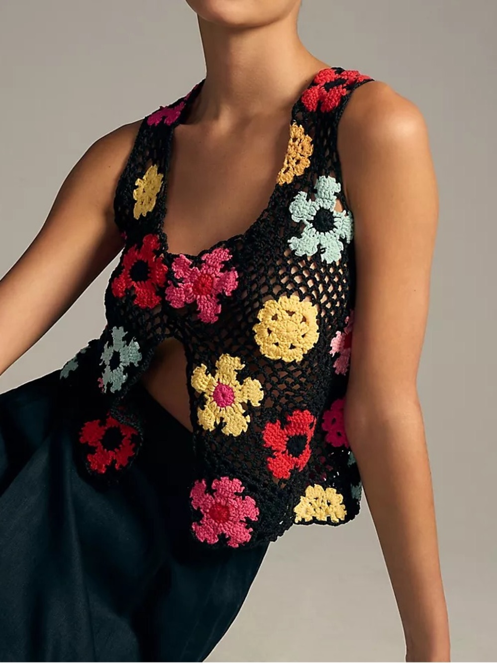 TACH Ashete Crochet Multicolor Tank Floral Appliqués Size S